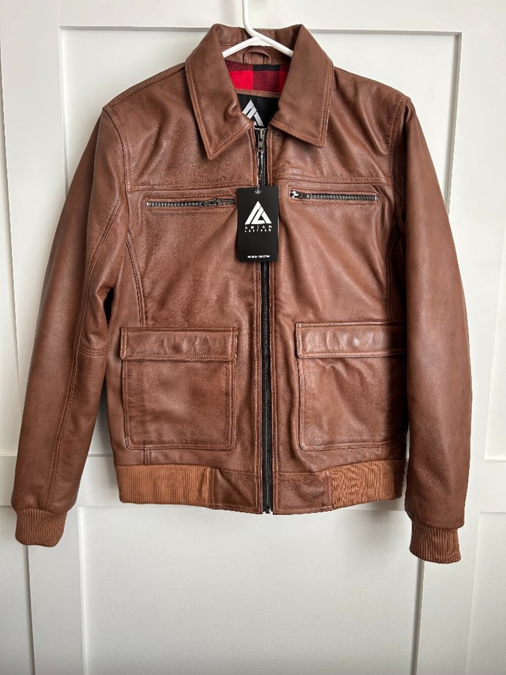 Arian Leather men's brown pilot jacket with Buffalo Plaid Lining